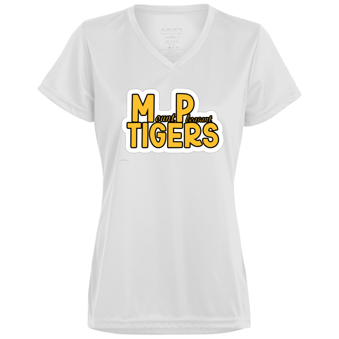 MP Tigers Gold and White Ladies’ Moisture-Wicking V-Neck Tee