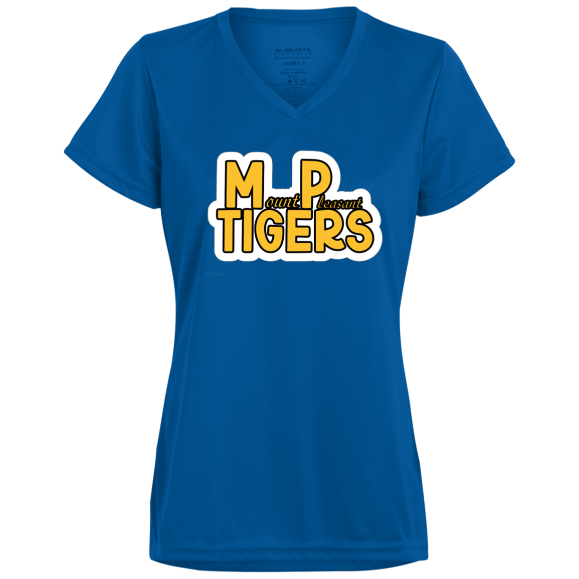 MP Tigers Gold and White Ladies’ Moisture-Wicking V-Neck Tee