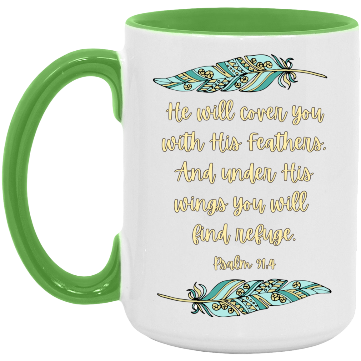 Psalm 91:4 teal&yellow 15oz. Accent Mug