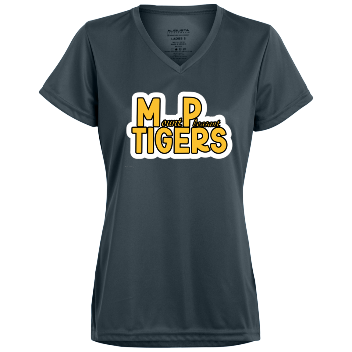MP Tigers Gold and White Ladies’ Moisture-Wicking V-Neck Tee