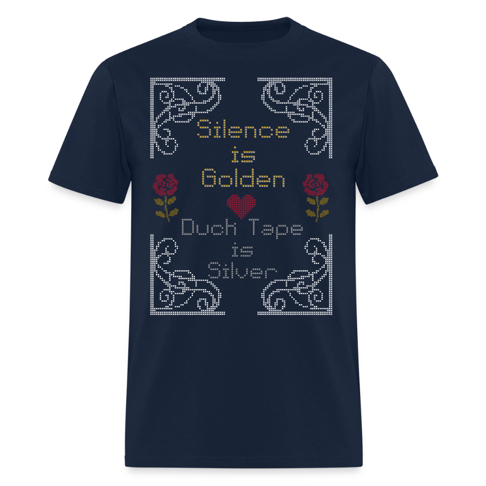 Silence is Golden Cross Stitch T-Shirt | GILDAN 5000 - navy
