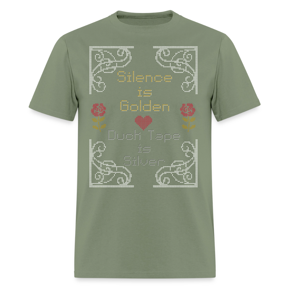 Silence is Golden Cross Stitch T-Shirt | GILDAN 5000 - military green