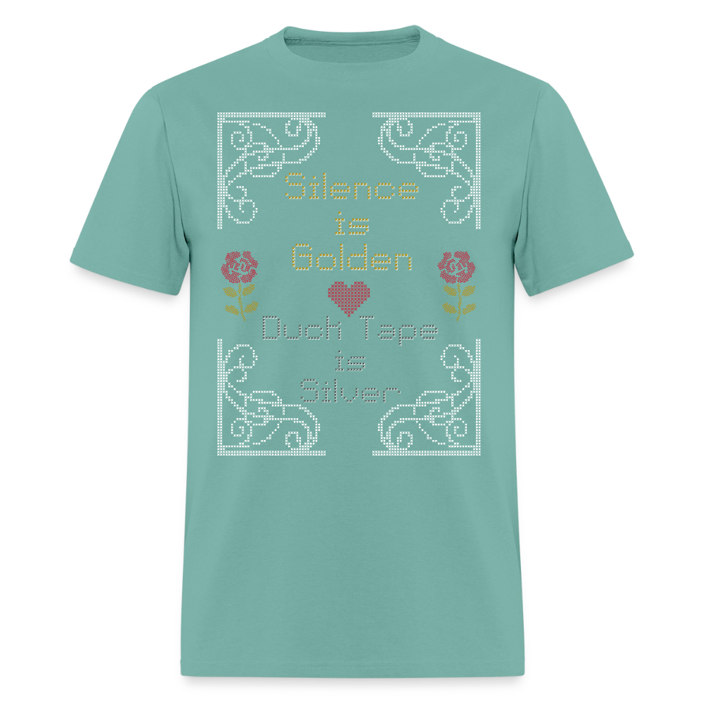 Silence is Golden Cross Stitch T-Shirt | GILDAN 5000 - aquatic