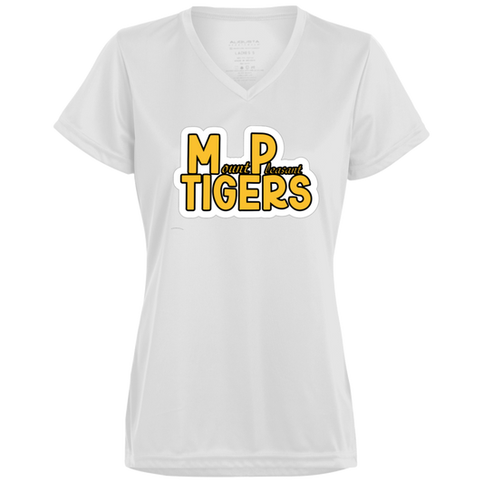 MP Tigers Gold and White Ladies’ Moisture-Wicking V-Neck Tee