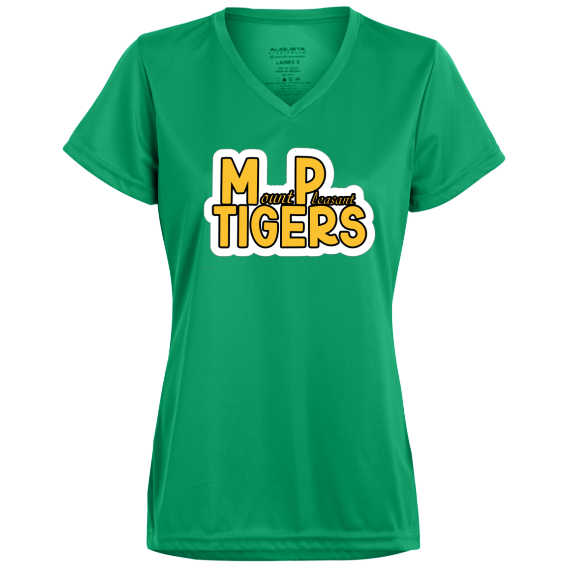 MP Tigers Gold and White Ladies’ Moisture-Wicking V-Neck Tee