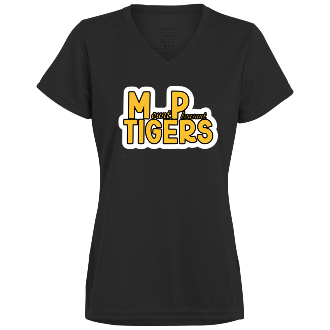 MP Tigers Gold and White Ladies’ Moisture-Wicking V-Neck Tee
