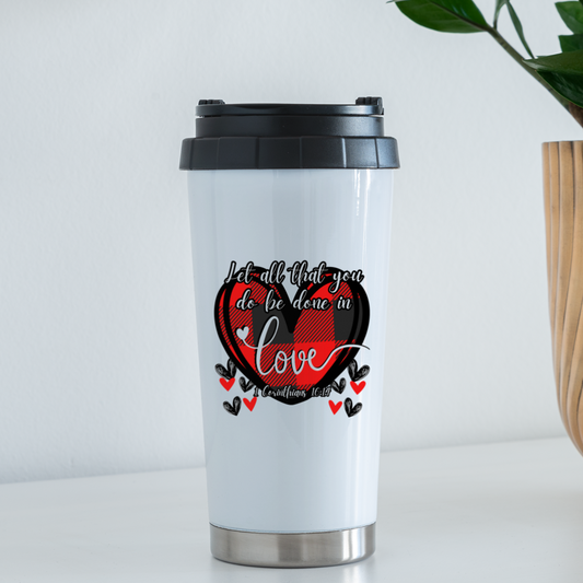 1 Cor 16:14 Buffalo Check Travel Mug - white